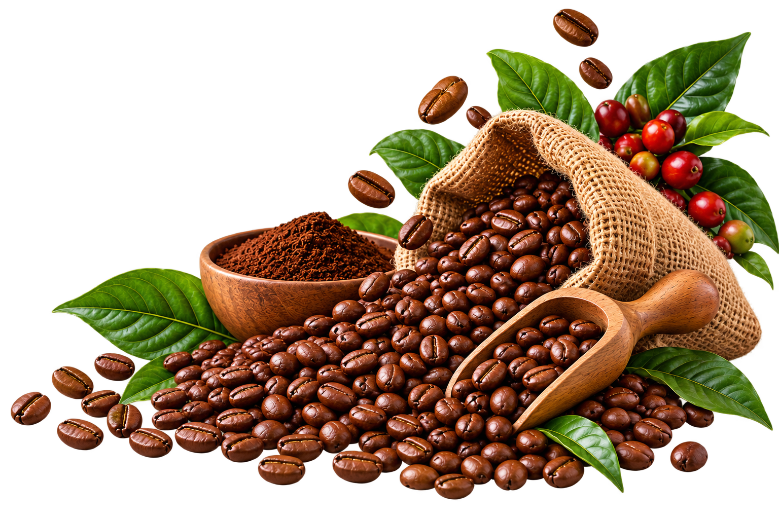 A steaming cup of Deli2on coffee with roasted coffee beans