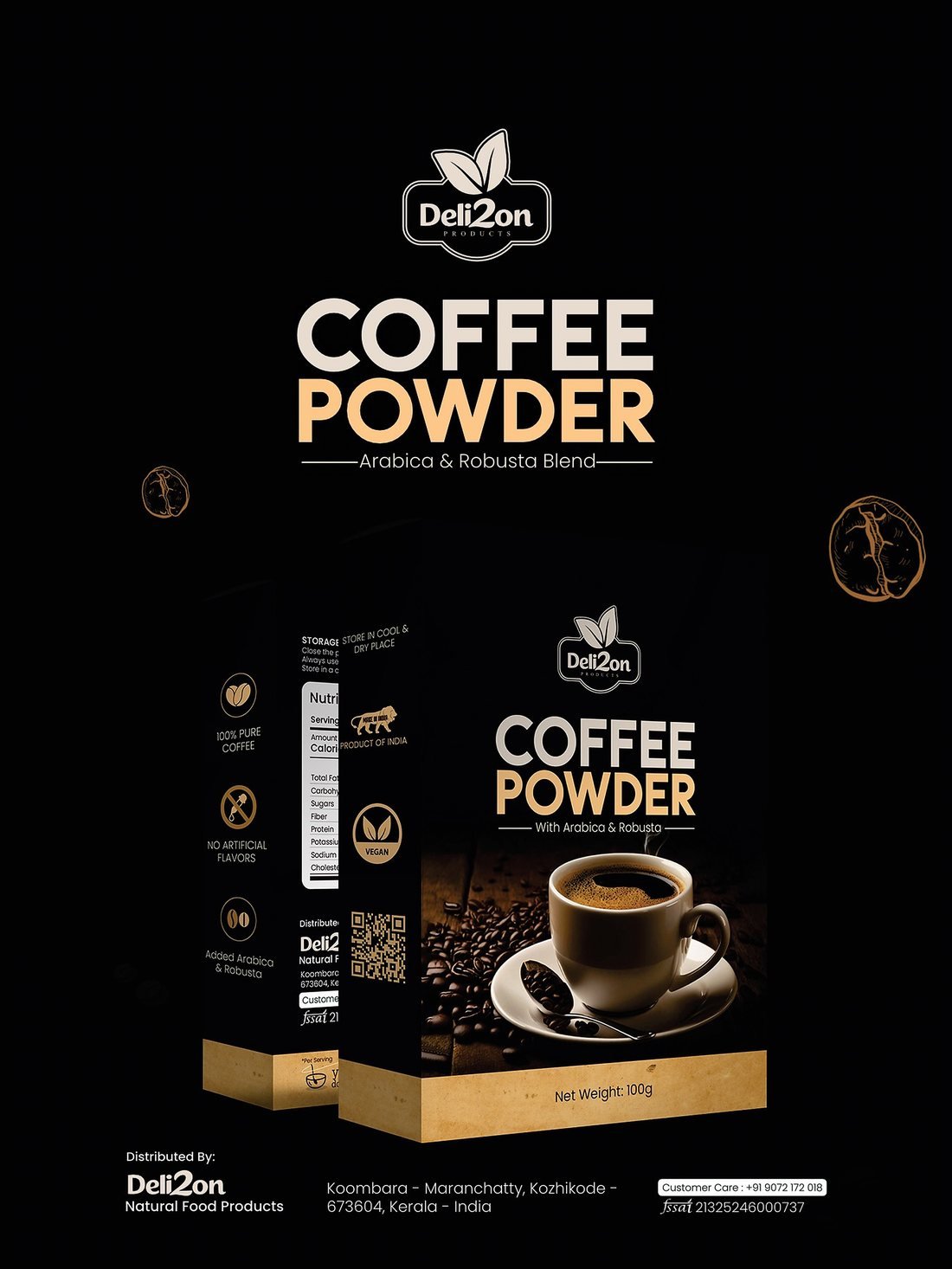 Deli2on Coffee Powder pack, 40% Arabica 60% Robusta, no chicory